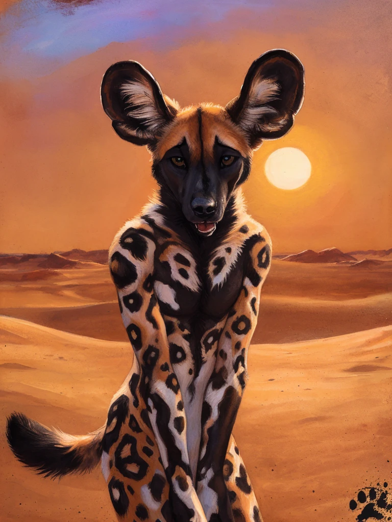 solo, anthro, African Wild Dog, feminine body, submissive, panting, shy, male, shaggy fur, thick fur, tail, beautiful eyes, perfect eyes, symmetrical eyes, (black retinas:1.2), detailed background, sahara desert background, dusk, realistic, photorealistic, ultra realistic, 8k, (by blotch), setting sun