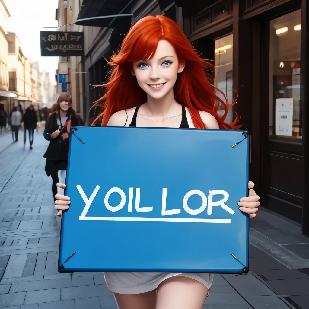 Beautiful girl, red haired, blue eyes, looks so happy, carrying board written on it "1k followers"