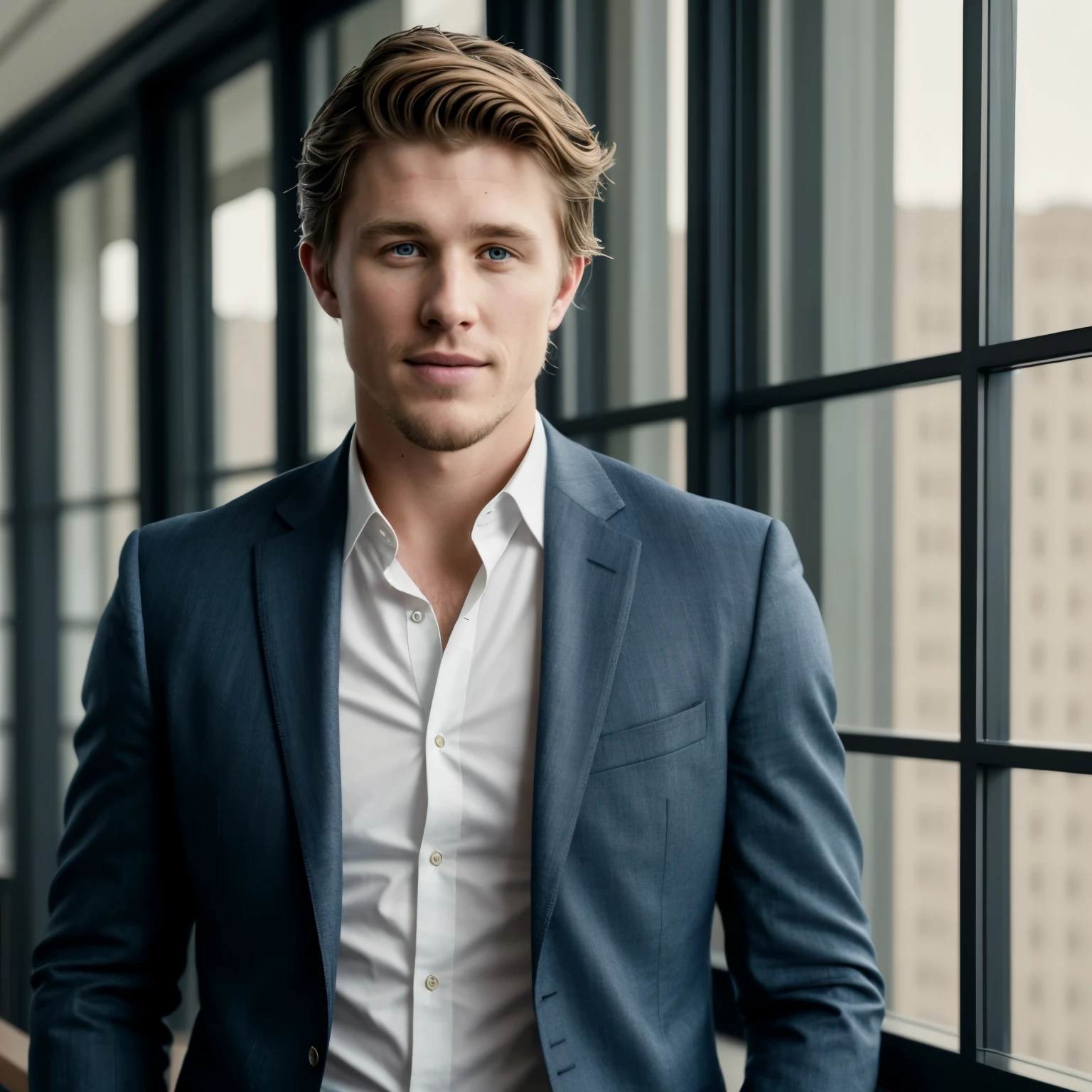 Style: {Hyper-realistic:1.3}, {Hyper-detailed:1.3}, {16k resolution:1.2}, {Cinematic quality}, {Hyper-sharpness}:1.3.
 (Garrett Hedlund), (an important executive), (close UP):1.4, {extremely real skin/+sharpness}:1.5, (bearded), (elegant and handsome), (very pale skin), (realistic textured skin):1.3, (skin pores):1.2, (realistic hair):1.3, (full body), (suit) (business clothes):1.3, (realistic clothes).
 [looked imposing], [confident man], [hyper realism], [The scene remains majestic and detailed], [with a cluttered environment that may include elements of a high-level executive office].  Effect: "Volume lighting", "depth of field", "great shutter aperture", "better shutter speed", "good sharpness", "anti-aliasing", "great RAW camera", "good curves and levels", " nice sharpen", "nice Guassian Blur filter", "great unsharp mask for depth of field effect and detail enhancement", (octane rendering)", "professional shading", "soft dynamic light" "soft shadows:" , "dynamic shadows ", "cinema toning", "midjourney style v5.2", "steady diffusion", "background blur effect", "gloss blur" "overall sharpness", professional focus mode", "post-professional production", "Fujifilm XT3 film grain".