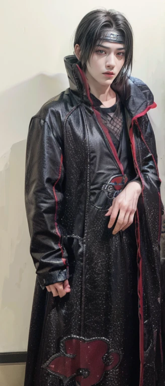 young man, pale skin, long black hair, black eyes, big lips, blackcloak akatsuki, Itachi Uchiha, realistic, 3d