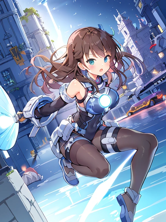 Extreme detail,masterpiece,futuristic city,girl with (energy shield):1.3,tight-fitting bodysuit,protecting herself from danger,using shield in battle,futuristic buildings,flying cars,shield growing brighter,repelling invader