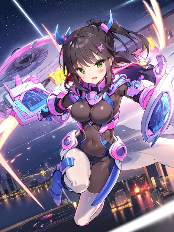 Extreme detail,masterpiece,futuristic city,girl with (energy shield):1.3,tight-fitting bodysuit,protecting herself from danger,using shield in battle,futuristic buildings,flying cars,shield growing brighter,repelling invader