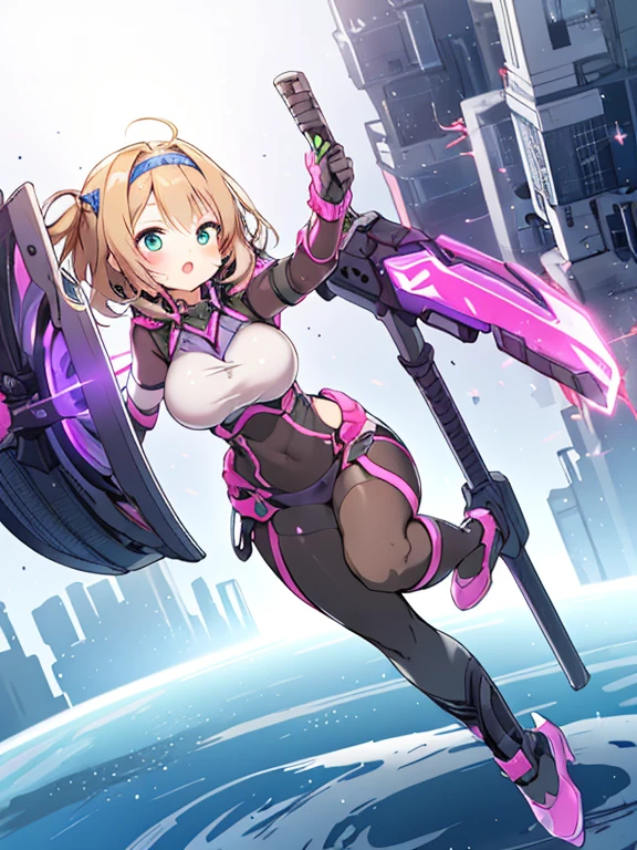 Extreme detail,masterpiece,futuristic city,girl with (energy shield):1.3,tight-fitting bodysuit,protecting herself from danger,using shield in battle,futuristic buildings,flying cars,shield growing brighter,repelling invader
