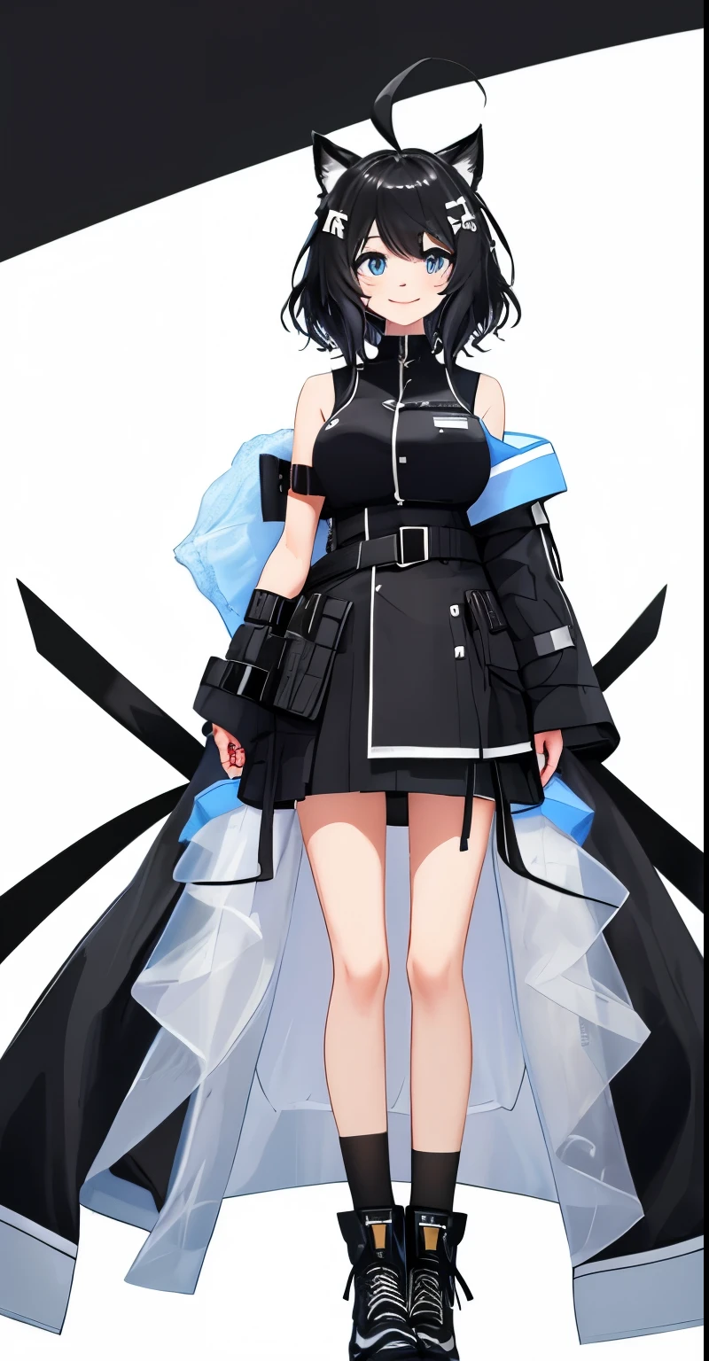whole body,((((upright)))), ((((arm to the side)))), looking at the viewer, simple background、white background, 1 girl, open your mouth, smile, Virtual YouTuber、with a girl、((highest quality, expensive_solve, clear_image)),(black hair), (black cat ears), (Ahoge), (ridiculously short hair), (wavy hair), (blue eyes),、laughter、very big breasts,(wearing shoes on feet)、concept art、((show viewer))。black military uniform。