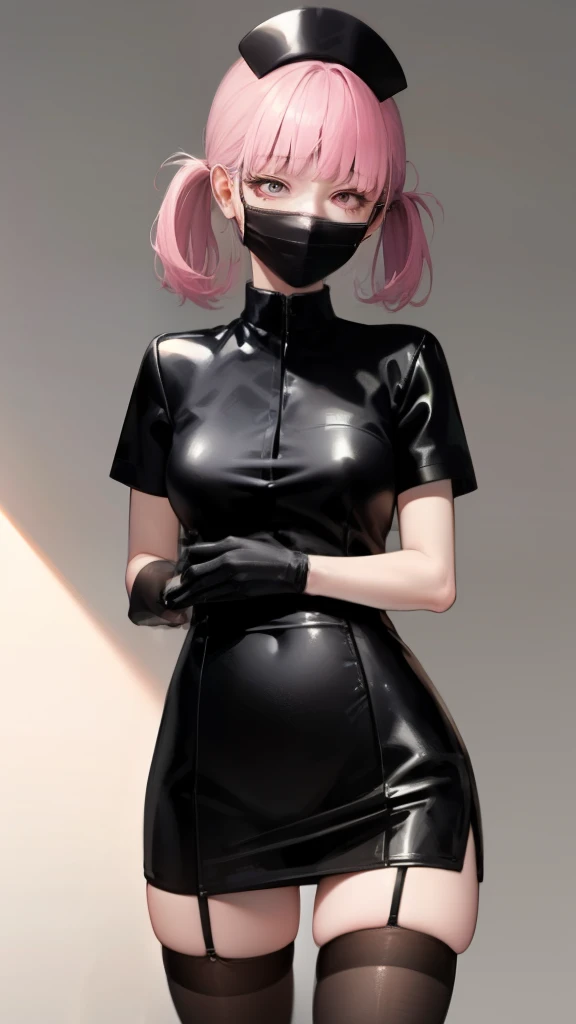 black nurse, 1 girl, alone, black nurse cap, Black Wear, ((black legwear, zettai ryouiki)), black elbow gloves, Random hairstyles, Random colored hair, pink eyes, ((Black surgical mask, Covered nose)), Are standing, ((operating room)), sharp outline, short sleeve, highest quality, masterpiece、netorare face、