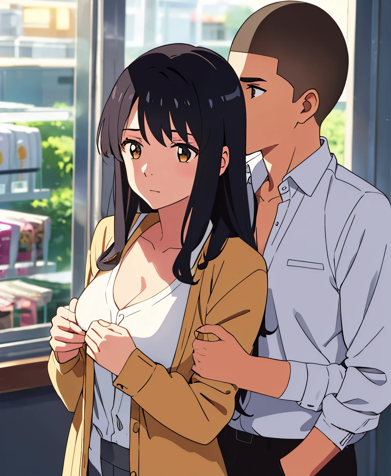 masterpiece:1.6, best quality), finely detailed beautiful eyes: 1.2), colorful, shinkai makoto, kimi no na wa., 1boy, buzzcut, muscular, brown eyes, office worker suit, boy caressing girl's body, breast groping, breast grope, hold breast, 1girl, bangs, black hair, brown eyes, waterfall braid, red ribbon, long hair, long sleeve light yellow cardigan, open shirt, yellow shirt, cleavage, breast, medium breast, black pants, indoors, jewelery shop, mall, cowboy shot, face to face