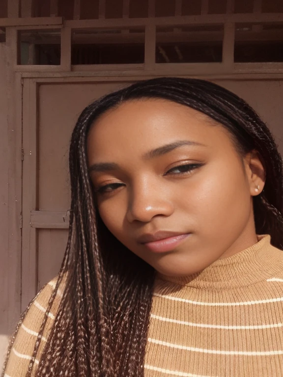 there is a woman with long braids outside a building, jovem negra, com pele morena.