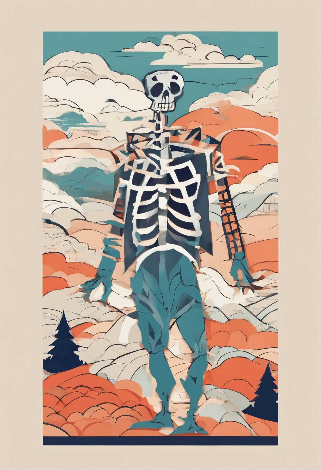 (high quality, contemporary art, fusion distorted monster landscape, painting, fashion, 2d, with two color dominant, with a kind of skeleton and stylish misshapen modern monster)