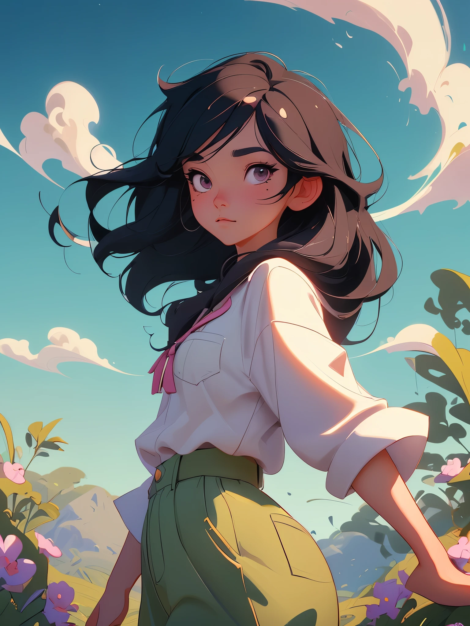 a digital illustration of a cute cartoon character model with a peaceful expression, wearing a soft and flowing plaid shirt with rolled up sleeves and elegant khaki pants,very long black hair in a loose wave, mesmerizing black eyes, makeup with eyeliner (Foxy Eyes), catchlights. [Ponyo / The Wind Rises], in a tranquil niji anime-style landscape with pastel and warm colors, in the style of Disney Pixar, with a close-up view showcasing the intricate 3D details of the renderingsoft diffuse lighting, dreamy, 8k, photo shot from front, highly-detailed, final render