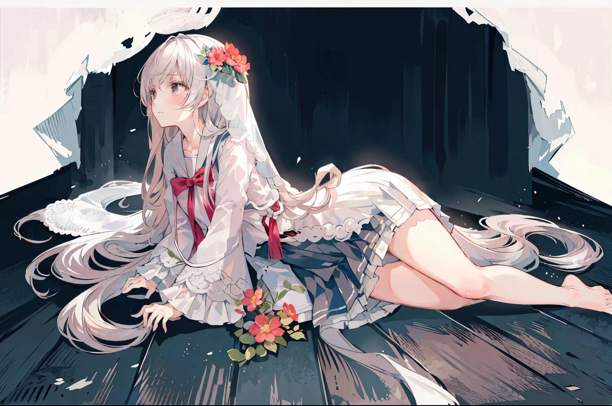 (masterpiece, best quality:1.2),high resolution,Super detailed,illustration,depth of field,Ray tracing, beautiful details eyes, 1 girl,alone, (Ridiculously long hair,flowing hair,messy hair:1.5),silver hair,gray eyes,(Shirase Fuku,the veil with flower,White pleated skirt),kneeling,barefoot,Expressless,Gloom \(Express\),(tears),from the side,look down,飞舞的flower瓣,flower,outdoor,gothicarchitecture,blurred background,