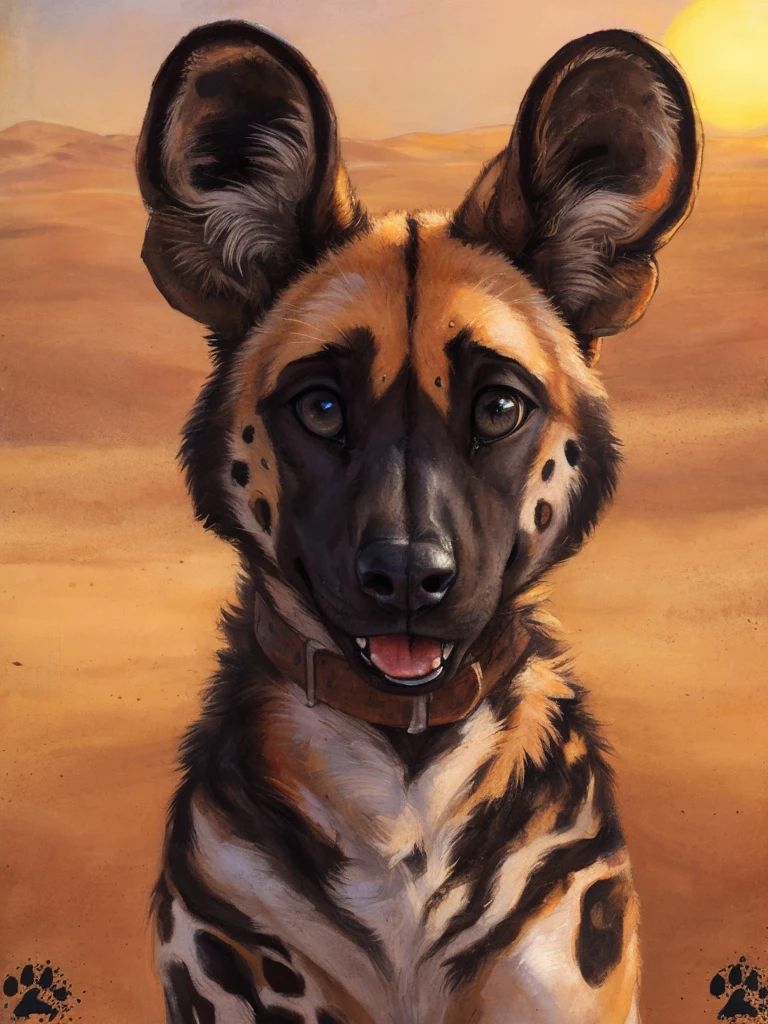solo, anthro, African Wild Dog, feminine body, submissive, panting, shy, male, shaggy fur, thick fur, tail, beautiful eyes, perfect eyes, symmetrical eyes, (black retinas:1.2), detailed background, sahara desert background, dusk, realistic, photorealistic, ultra realistic, 8k, (by blotch), setting sun, brown collar, medium shot