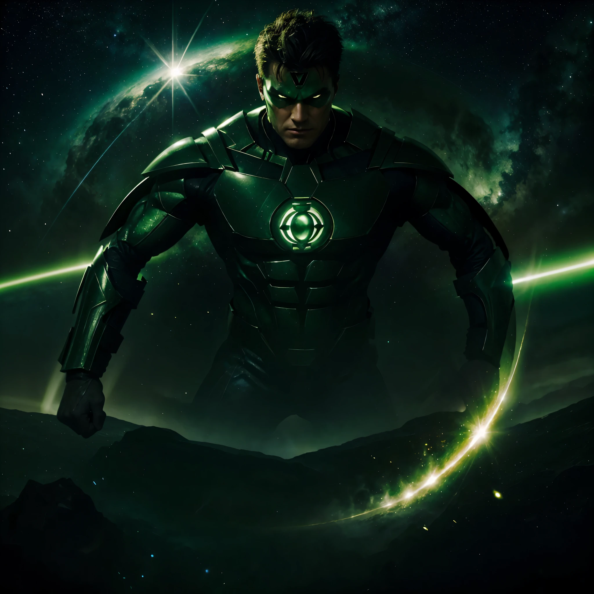 Green Lantern dark green dress Wearing golden warrior armor. flying in space, The galaxy has many stars.. The full image includes a green ring that emits light..