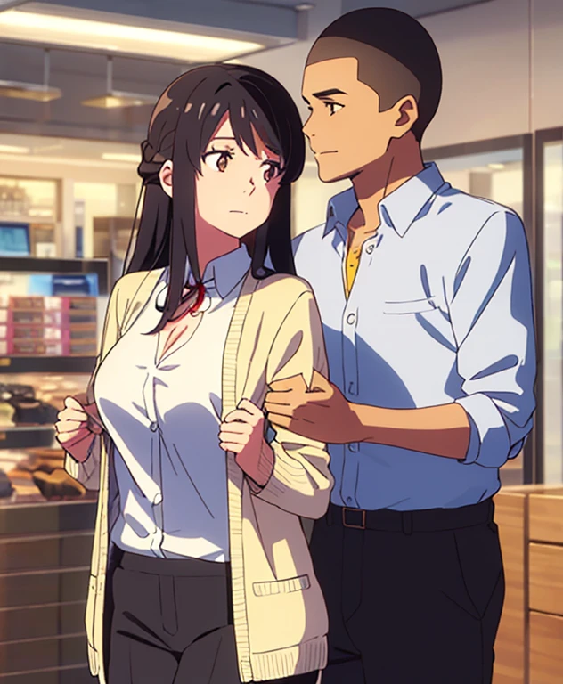 masterpiece:1.6, best quality), finely detailed beautiful eyes: 1.2), colorful, shinkai makoto, kimi no na wa., 1boy, buzzcut, muscular, brown eyes, office worker suit, boy caressing girl's body, breast groping, breast grope, hold breast, 1girl, bangs, black hair, brown eyes, waterfall braid, red ribbon, long hair, long sleeve light yellow cardigan, open shirt, white shirt, cleavage, breast, medium breast, black pants, indoors, jewelery shop, mall, cowboy shot, face to face