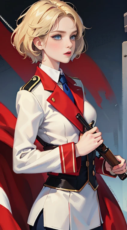 23-year-old women, short blonde hair with white strands, Blue eyes, red officer's uniform, serious, Gun in hand, Red flag, Masterpiece, hiquality