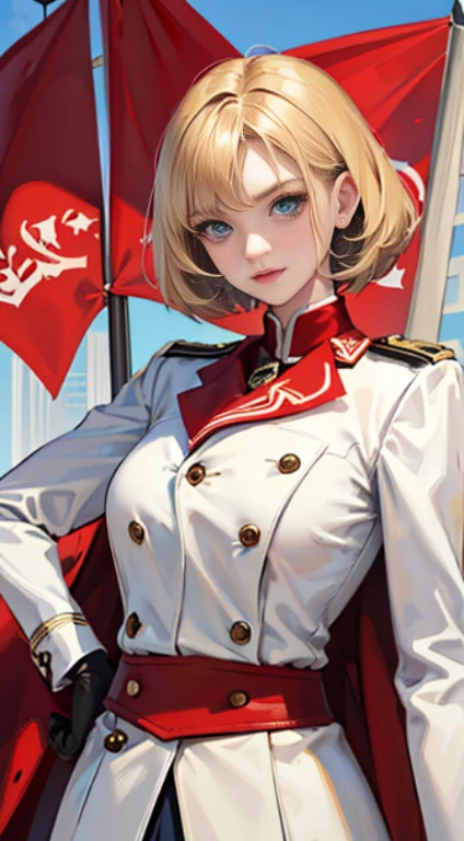 23-year-old women, short blonde hair with white strands, Blue eyes, red officer's uniform, serious, Gun in hand, Red flag, Masterpiece, hiquality