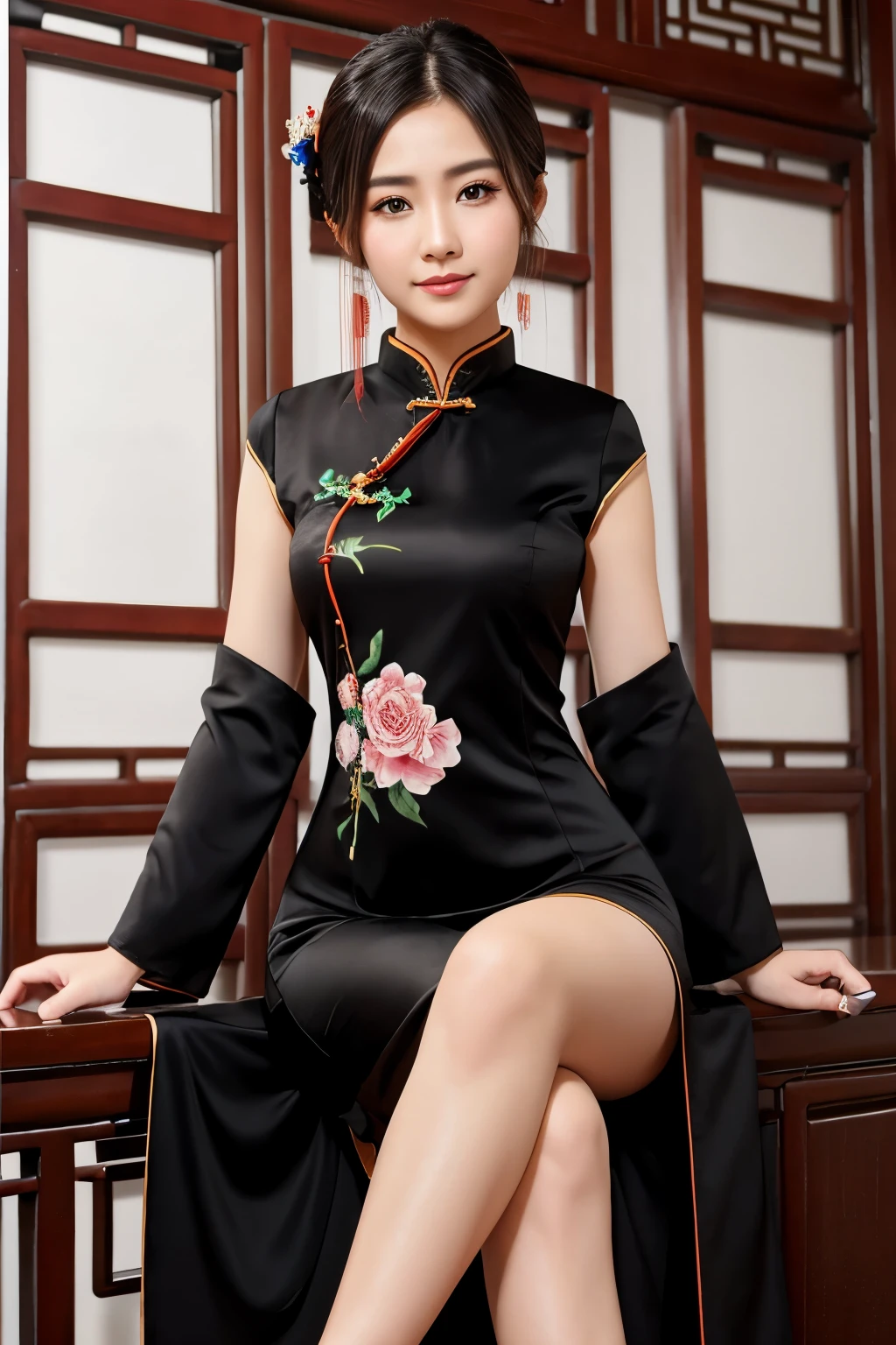 crea una fotorealista de una mujer joven vestida con ((typical chinese outfit black qipao)), mirada alegre y tatuada fullbody

