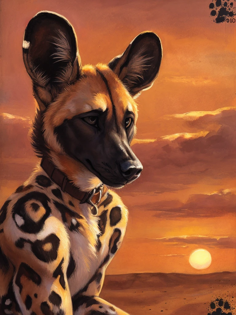 solo, (anthro:1.2), African Wild Dog, feminine body, submissive, panting, shy, male, shaggy fur, thick fur, tail, beautiful eyes, perfect eyes, symmetrical eyes, (black retinas:1.2), detailed background, sahara desert background, dusk, realistic, photorealistic, ultra realistic, 8k, (by blotch), beautiful setting sun, brown collar,