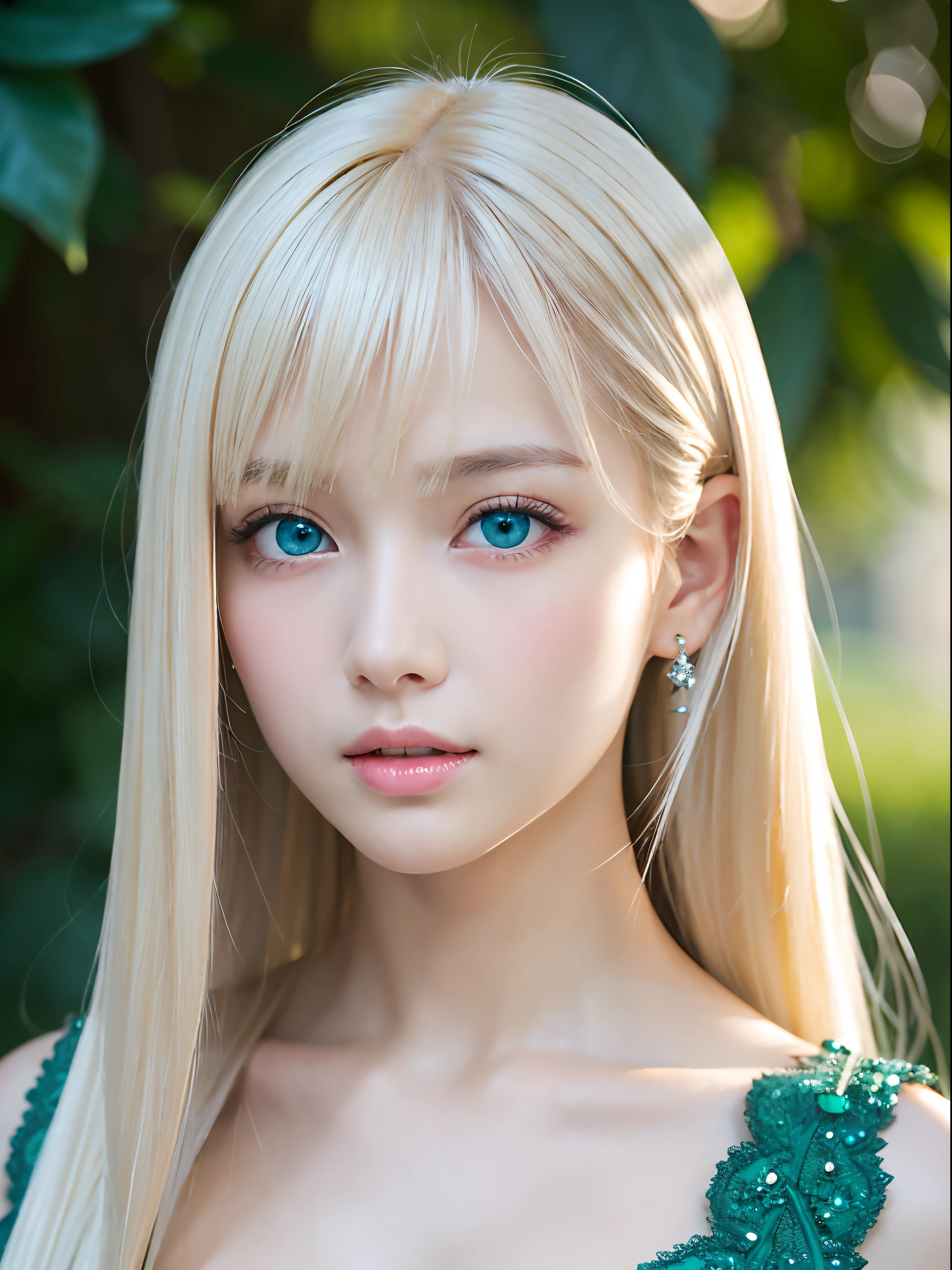 masutepiece, Best Quality, Photorealsitic, Ultra-detailed, finely detail, hight resolution, 8k wallpaper, RAW color photo, Professional, high level of detail, 15 year old beautiful girl、((Dazzling platinum blonde super long straight silky hair)) long bangs between eyes、Pretty Face、foco nítido, awardwinning photo, (Emerald green dress), (cleavage of the breast), (Facing the front), (Look at viewers), Small light, Low contrast, Facial symmetry, depth of fields, Cinematic background, central image, Lights up softly, (finely detailed skin), White-colored skin, glowy skin、Gloss Face、Teak Gloss、Realistic skin texture, Extreme skin details、Bright pale marine blue eyes、Small face beauty、big eye、with round face、Young features、
