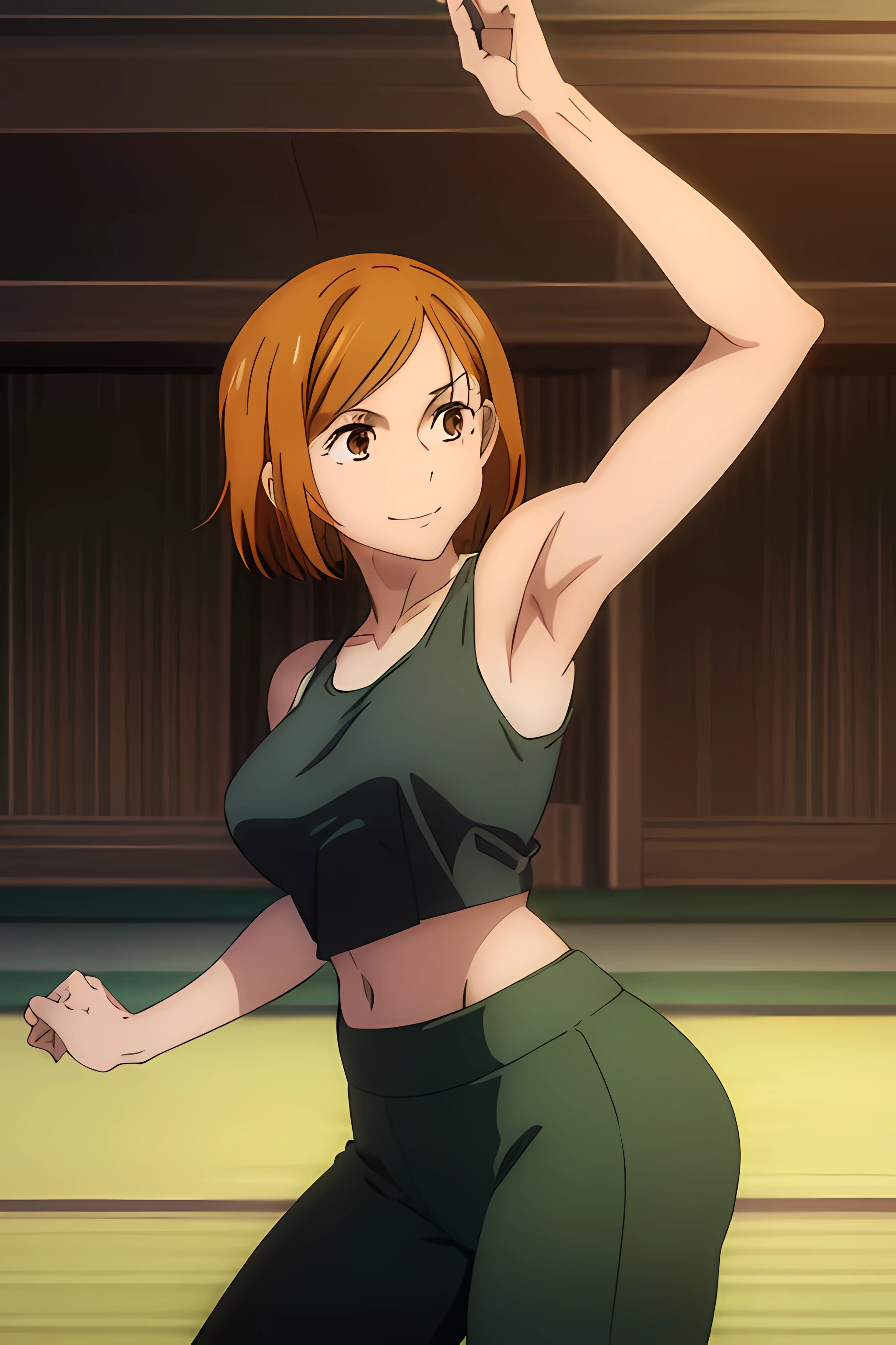 (masterpiece), (best quality), (ultra-detailed), (best illustration), (best shadow), (absurdres), nobarakugisakinova, short hair, orange hair, ((brown eyes)), kugisaki nobara, 1girl, solo, bangs, charming smile, ((tight green tank top)), yoga pants, perfect breasts, very thin waist, volleyball court background, cowboy shot, (perfect ass),