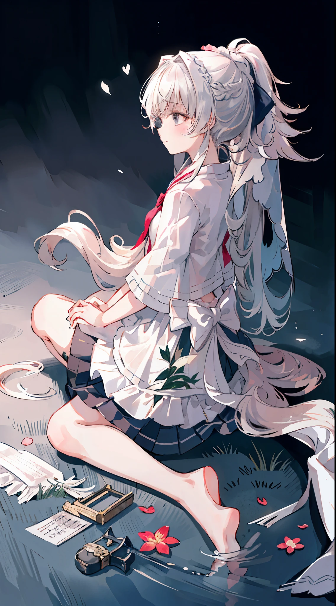 (masterpiece, best quality:1.2),high resolution,Super detailed,illustration,depth of field,Ray tracing, beautiful details eyes, 1 girl,alone, (long hair,high ponytail，flowing hair,messy hair:1.5),silver hair,gray eyes,(Shirase Fuku,the veil with flower,White pleated skirt),kneeling,barefoot,Expressless,Gloom \(Express\),(tears),from the side,look down,飞舞的flower瓣,flower,outdoor,gothicarchitecture,blurred background,