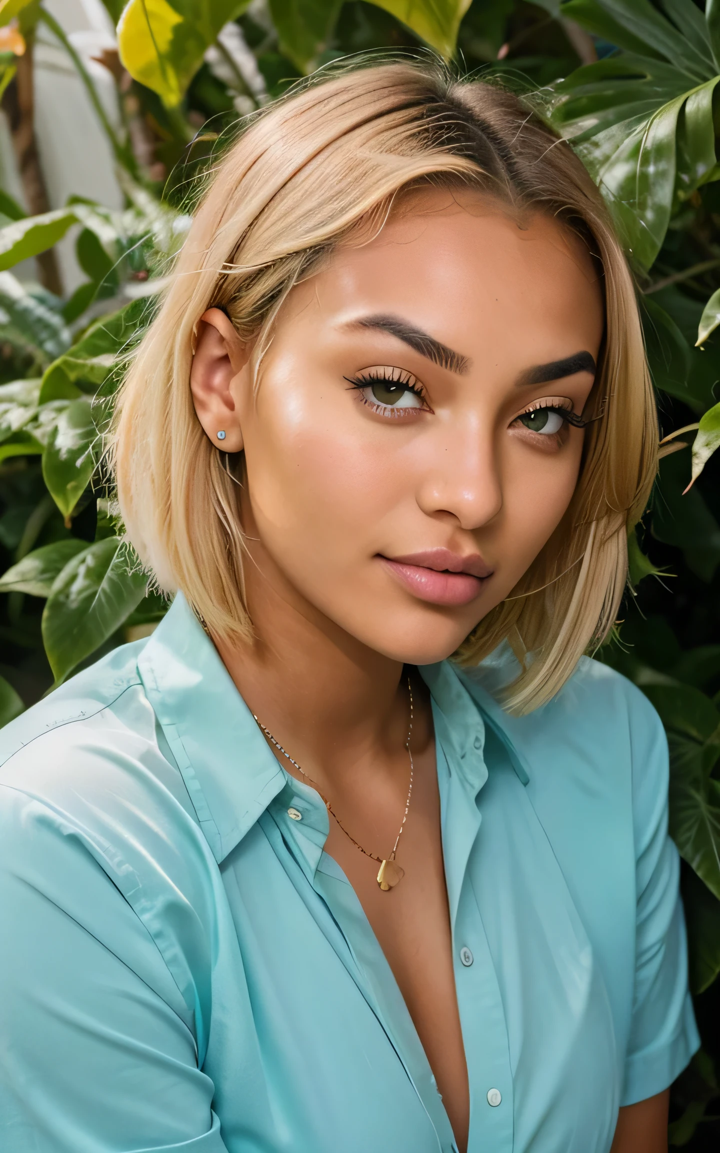 An 18-year-old with short, tousled, blonde hair, piercing emerald-green eyes, a captivating blend of ethnicities resulting in a radiant, tanned skin tone. Her eyebrows are reminiscent of Shenseea, and she boasts facial features with a defined jawline, a straight nose with a rounded tip, capturing Shenseea's allure. In a European setting, this hyper-realistic portrayal depicts her intimately clutching her lover. 4k, photorealistic, realistic, post-processing, maximum detail, roughness, real life, ultra realistic, photorealism, photography, 8k uhd, photography