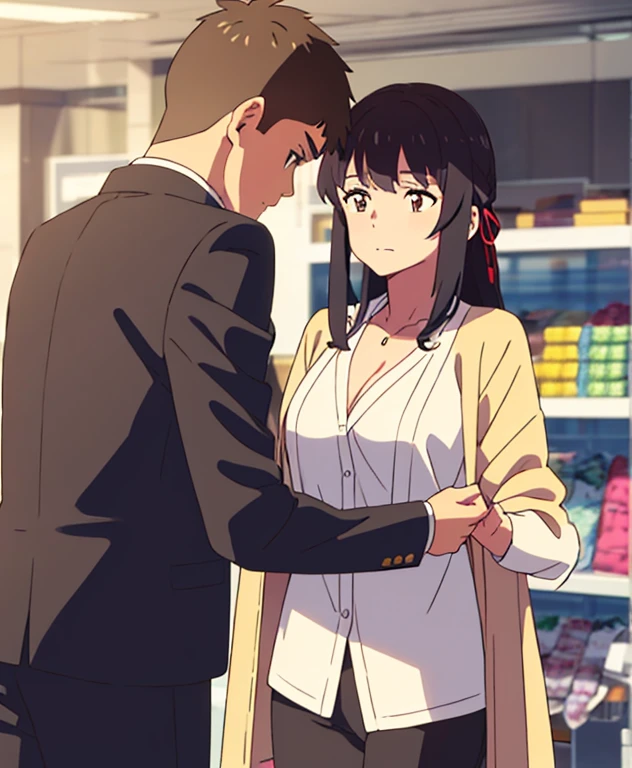 masterpiece:1.6, best quality), finely detailed beautiful eyes: 1.2), colorful, shinkai makoto, kimi no na wa., 1boy, buzzcut, muscular, brown eyes, office worker suit, boy caressing girl's body, breast groping from behind, 1girl, bangs, black hair, brown eyes, waterfall braid, red ribbon, long hair, long sleeve light yellow cardigan, open shirt, white shirt, cleavage, breast, medium breast, black pants, indoors, jewelery shop, mall, cowboy shot, face to face