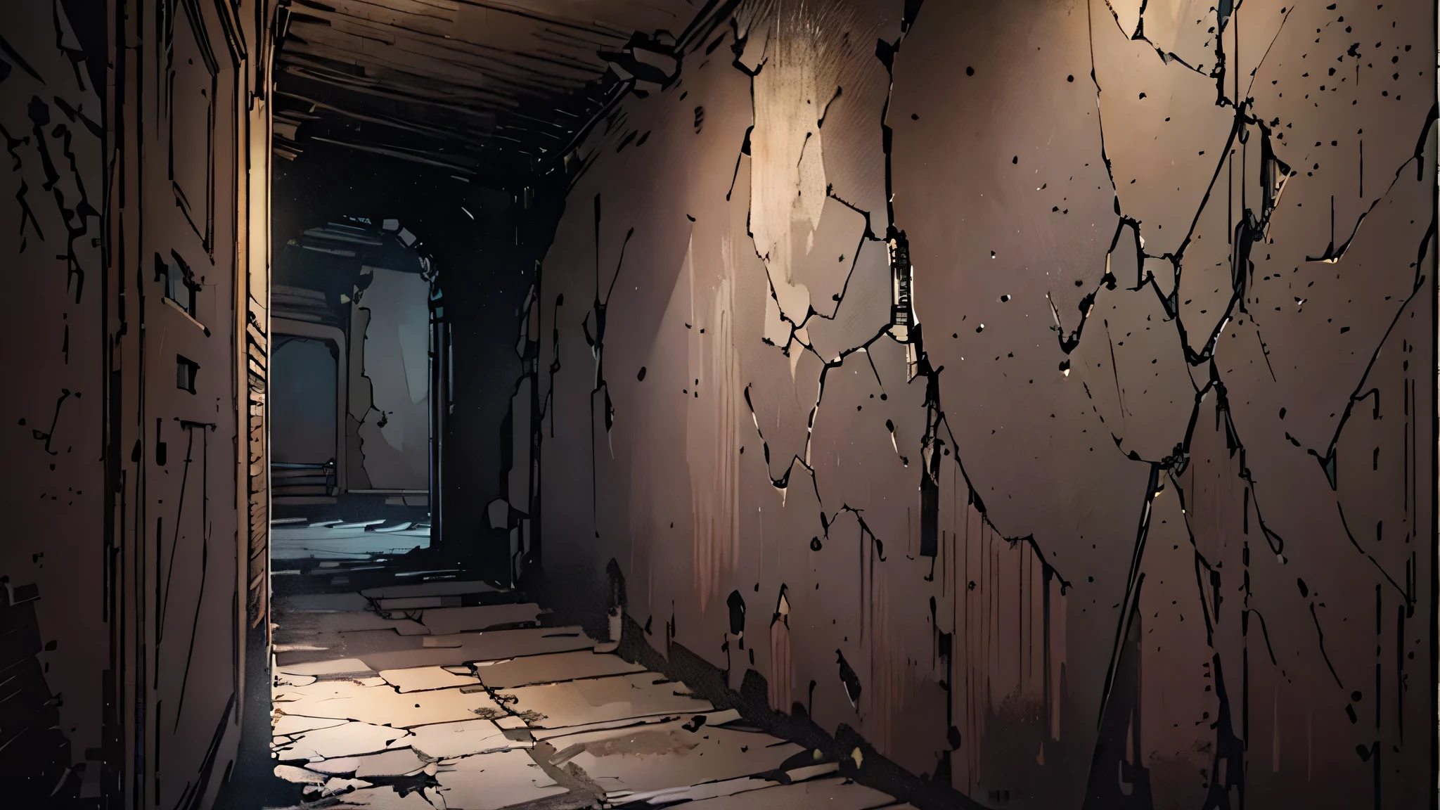 Basement walls with large and small cracks, com grande risco de desmoronamento, minimal lighting only highlights shadowy wall details, accentuating the feeling of desolation and mystery. The scene must convey a tense and unpleasant atmosphere to the viewer..