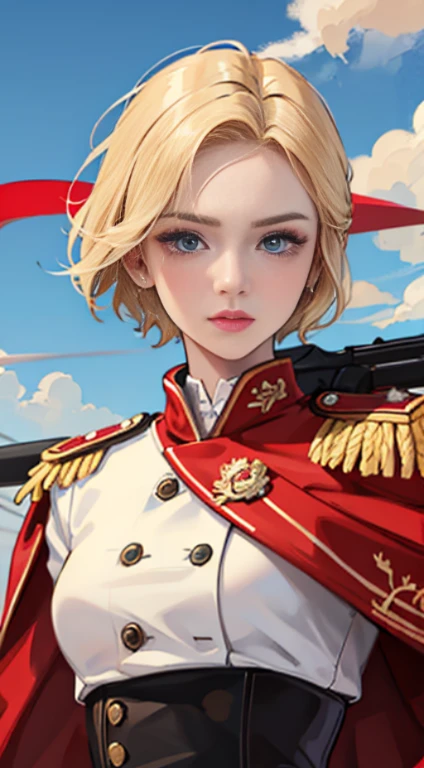 23-year-old women, short blonde hair with white strands, Blue eyes, red officer's uniform, serious, Gun in hand, Red flag, line art, Masterpiece, hiquality
