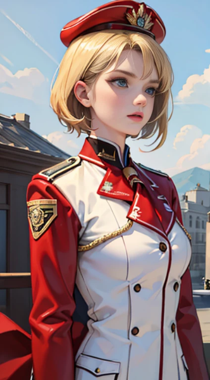 23-year-old women, short blonde hair with white strands, Blue eyes, red officer's uniform, serious, Gun in hand, Red flag, line art, Masterpiece, hiquality