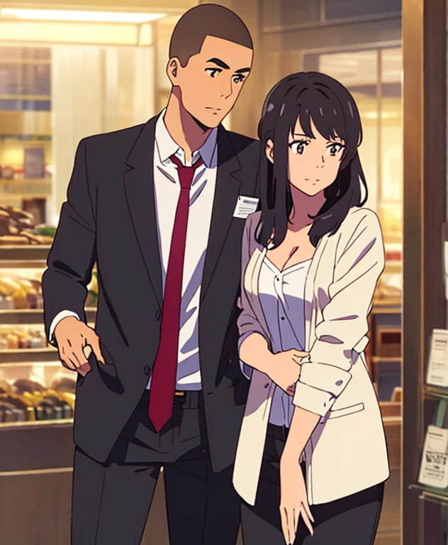 masterpiece:1.6, best quality), finely detailed beautiful eyes: 1.2), colorful, shinkai makoto, kimi no na wa., 1boy, buzzcut, muscular, brown eyes, office worker suit, boy caressing girl's body, breast groping from behind, 1girl, bangs, black hair, brown eyes, waterfall braid, red ribbon, long hair, long sleeve light yellow cardigan, open shirt, white shirt, cleavage, breast, medium breast, black pants, indoors, jewelery shop, mall, cowboy shot, face to face