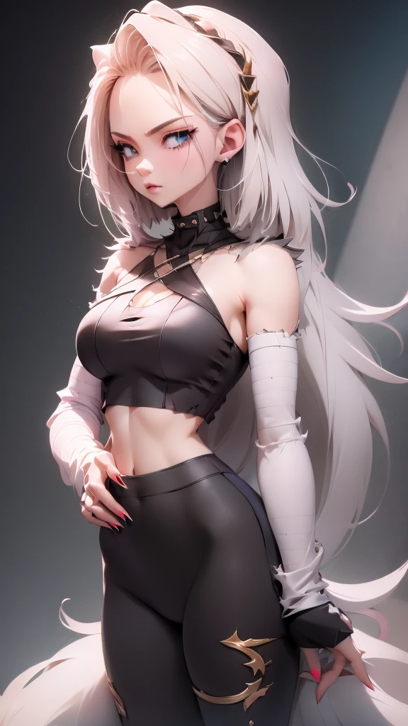 beautiful girl;
long hair and bangs.
Hair color; white hair, but with half the black bangs and some black nechones Body; small waist, very big breasts, wide hips and big buttocks as well as chubby thighs and flat abdomen.
Ñeyes; heterocromina, one clear black eye and the other light blue lens.
image: has tattoos in the middle of his chest Clothing: a black body-friendly shirt, short skirt and long stockings