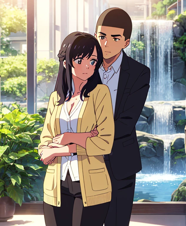 masterpiece:1.6, best quality), finely detailed beautiful eyes: 1.2), colorful, shinkai makoto, kimi no na wa., 1boy, buzzcut, muscular, brown eyes, office worker suit, boy caressing girl's body, hug from behind, 1girl, bangs, black hair, brown eyes, waterfall braid, red ribbon, long hair, long sleeve light yellow cardigan, open shirt, white shirt, cleavage, breast, medium breast, black pants, indoors, jewelery shop, mall, cowboy shot, face to face