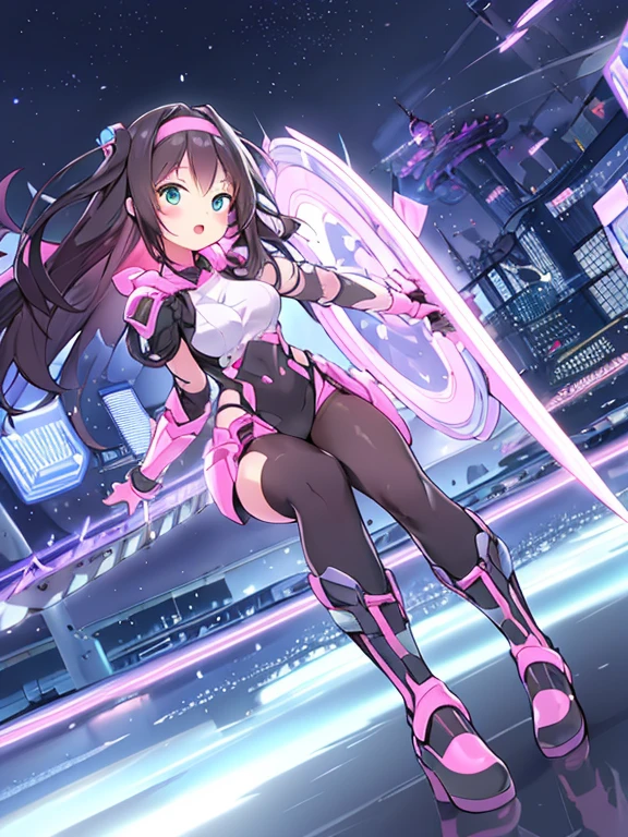 Extreme detail,masterpiece,futuristic city,girl with (energy shield):1.3,tight-fitting bodysuit,protecting herself from danger,using shield in battle,futuristic buildings,flying cars,shield growing brighter,repelling invader