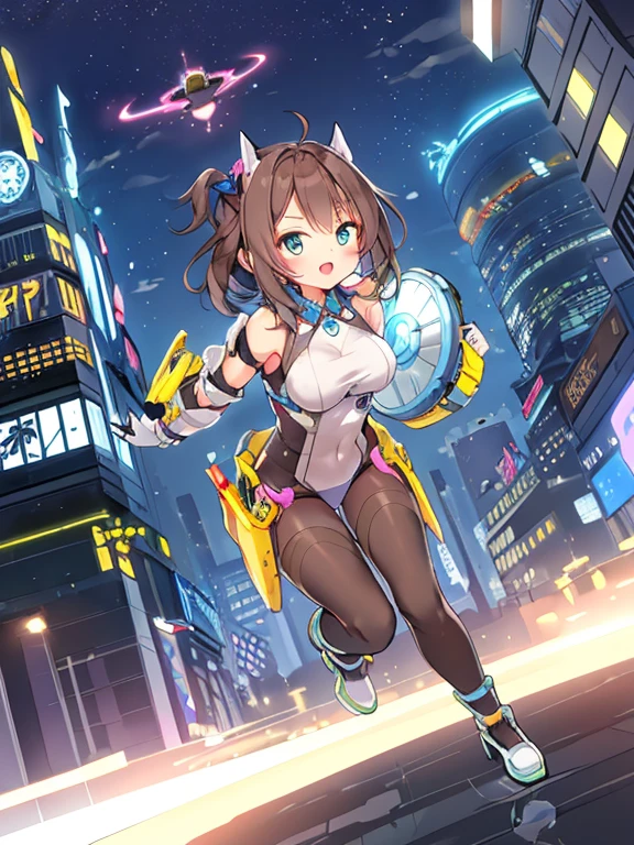 Extreme detail,masterpiece,futuristic city,girl with (energy shield):1.3,tight-fitting bodysuit,protecting herself from danger,using shield in battle,futuristic buildings,flying cars,shield growing brighter,repelling invader