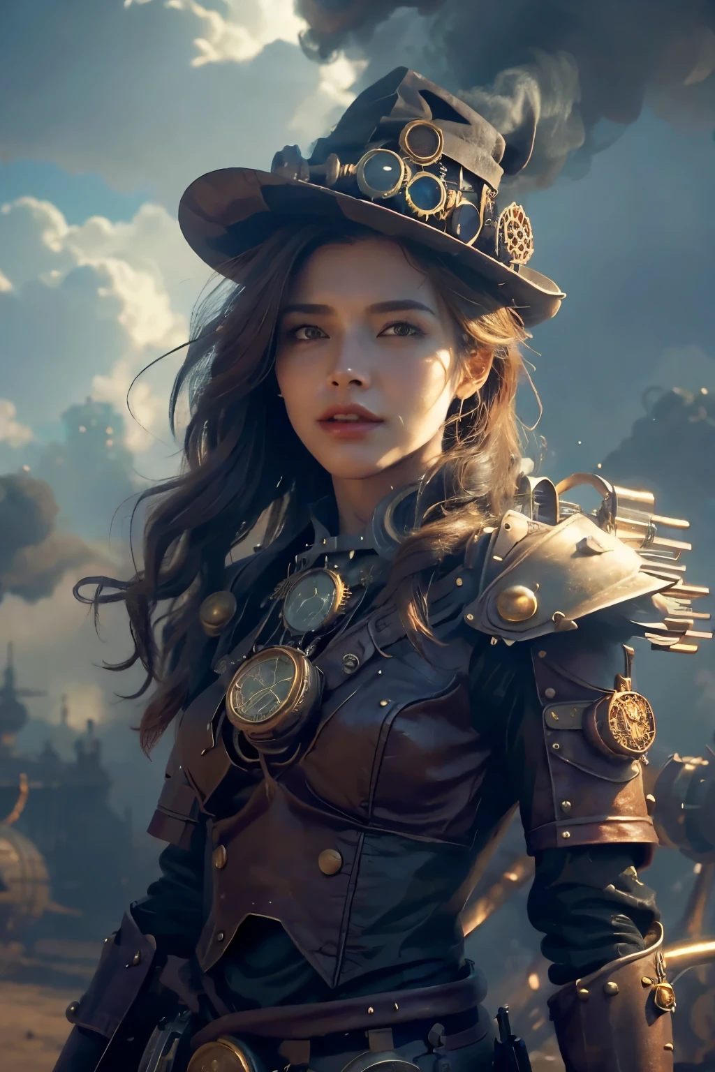 There's an innocent good looking witch, brown hair steampunk hairstyle, sorcerer, she has a witch steampunk outfit on, she has magical powers linked to the weather, arte conceitual steampunk, full body view, smoke fog background, steampunk digital, high quality steampunk details, digital steampunk, detailed wild steampunk illustration, Portrait of a gold mechanical woman, storm in the background, also sunny, 4k, sci-fi steampunk