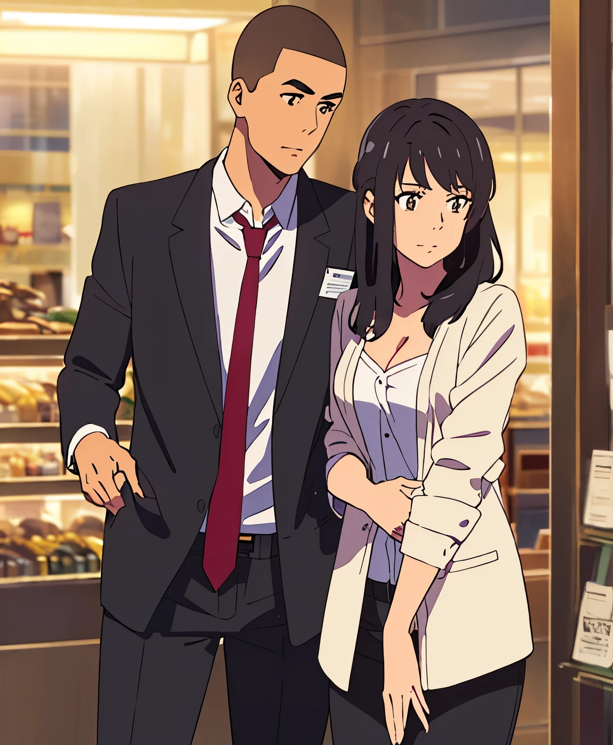 masterpiece:1.6, best quality), finely detailed beautiful eyes: 1.2), colorful, shinkai makoto, kimi no na wa., 1boy, buzzcut, muscular, brown eyes, office worker suit, boy caressing girl's body, breast groping from behind, 1girl, bangs, black hair, brown eyes, waterfall braid, red ribbon, long hair, long sleeve light yellow cardigan, open shirt, white shirt, cleavage, breast, medium breast, black pants, indoors, jewelery shop, mall, cowboy shot, face to face