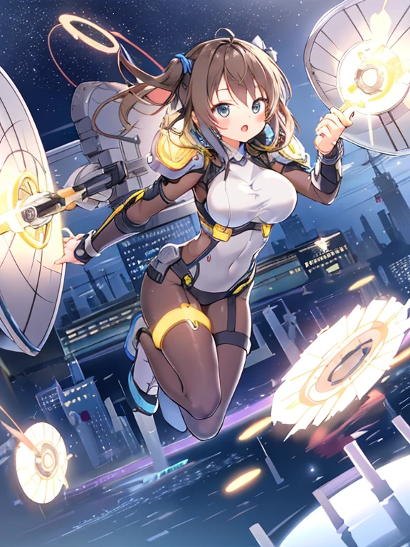 Extreme detail,masterpiece,futuristic city,girl with (energy shield):1.3,tight-fitting bodysuit,protecting herself from danger,using shield in battle,futuristic buildings,flying cars,shield growing brighter,repelling invader