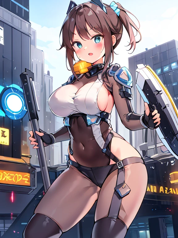 Extreme detail,masterpiece,futuristic city,girl with (energy shield):1.3,tight-fitting bodysuit,protecting herself from danger,using shield in battle,futuristic buildings,flying cars,shield growing brighter,repelling invader