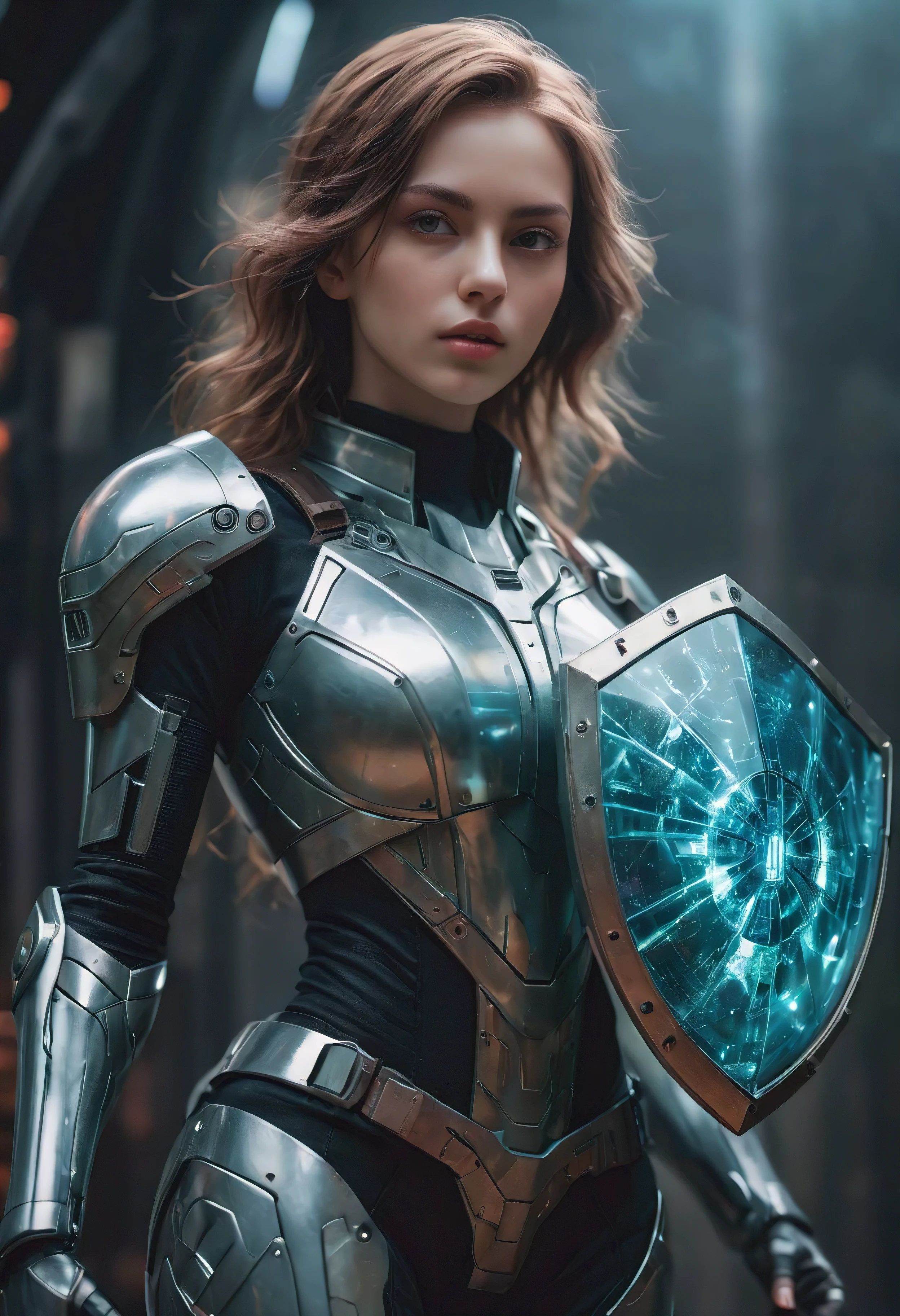 (Masterpiece in maximum 16K resolution:1.6), (intricate detail:1.4), (extremely insane detail:1.4),(highest quality:1.3),(Hyper_realistic:1.3). | ((Soft_color_tones):1.3),Clear light, Edge lighting, Perfect image, 16k UE5,editorial photograph, superfine, Product photography, Depth of field, Nikon D850, Ultra-realistic, no contrast, clean sharp focus, professional, No blurring. | A pretty female future soldier,((she is holding up a plasma shield):1.3),((she defending herself with a plasma shield):1.2), science fiction ornament everywhere, great environment, subtly dark,science fiction art behance,surreal, It gives a majestic aura. | {The camera is positioned very close to her, revealing her entire body as she adopts a dynamic_pose, boldly moving around the scene in an exciting way} | She is adopting a ((dynamic_pose as interacts, boldly moving a exciting way):1.3), ((perfect_pose)), ((perfect_pose):1.5), (((full body))), ((perfect_fingers, better_hands, perfect_hands, perfect_legs)), ((perfect_fingers, better_hands, perfect_hands, perfect_legs):0.7), (((More_Detail)))