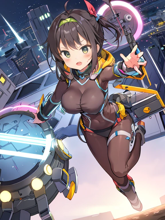 Extreme detail,masterpiece,futuristic city,girl with (energy shield):1.3,tight-fitting bodysuit,protecting herself from danger,using shield in battle,futuristic buildings,flying cars,shield growing brighter,repelling invader
