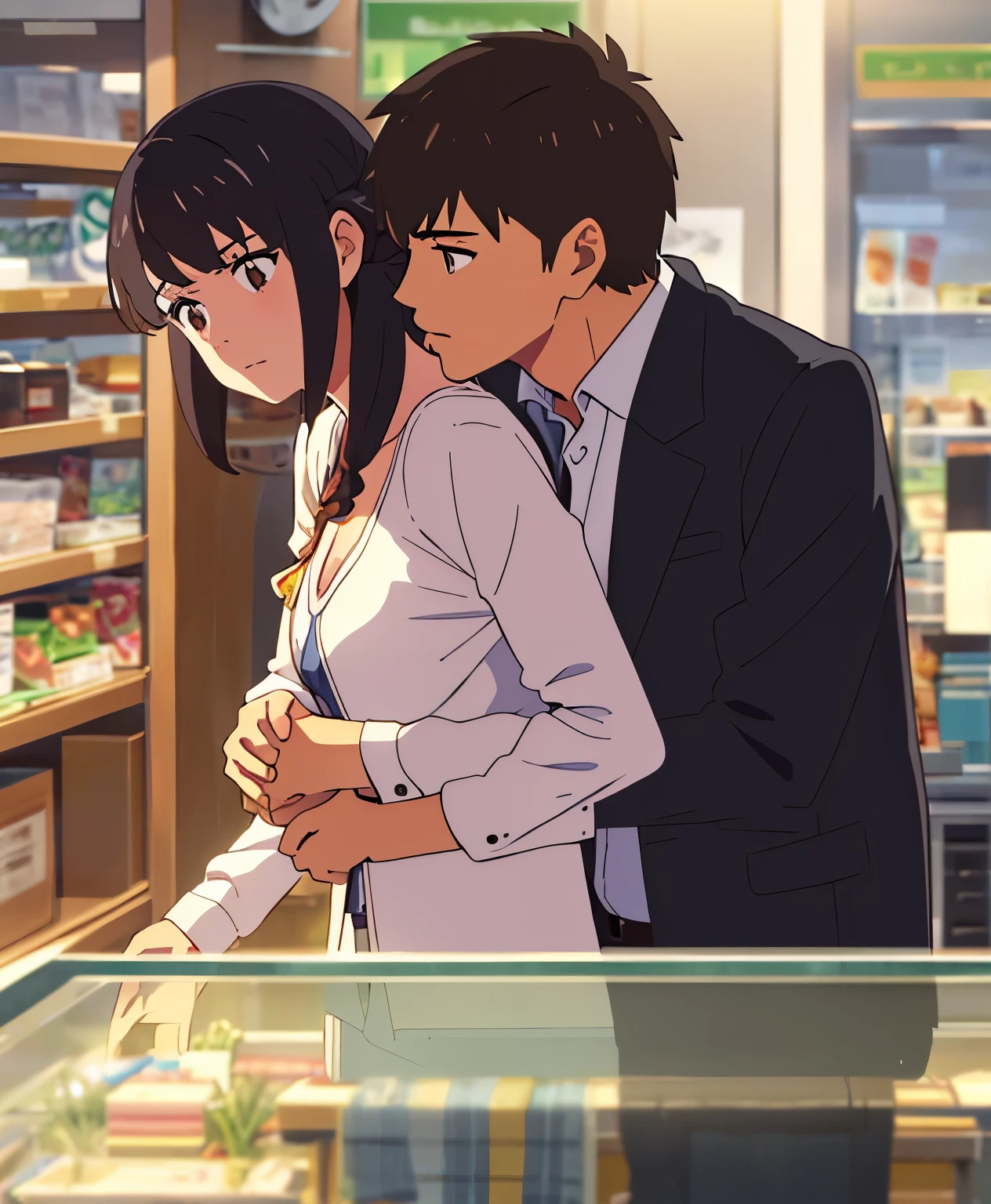 masterpiece:1.6, best quality), finely detailed beautiful eyes: 1.2), colorful, shinkai makoto, kimi no na wa., 1boy, buzzcut, muscular, brown eyes, office worker suit, boy caressing girl's body, hug from behind, 1girl, bangs, black hair, brown eyes, waterfall braid, red ribbon, long hair, long sleeve light yellow cardigan, open shirt, white shirt, cleavage, breast, medium breast, black pants, indoors, jewelery shop, mall, cowboy shot, face to face