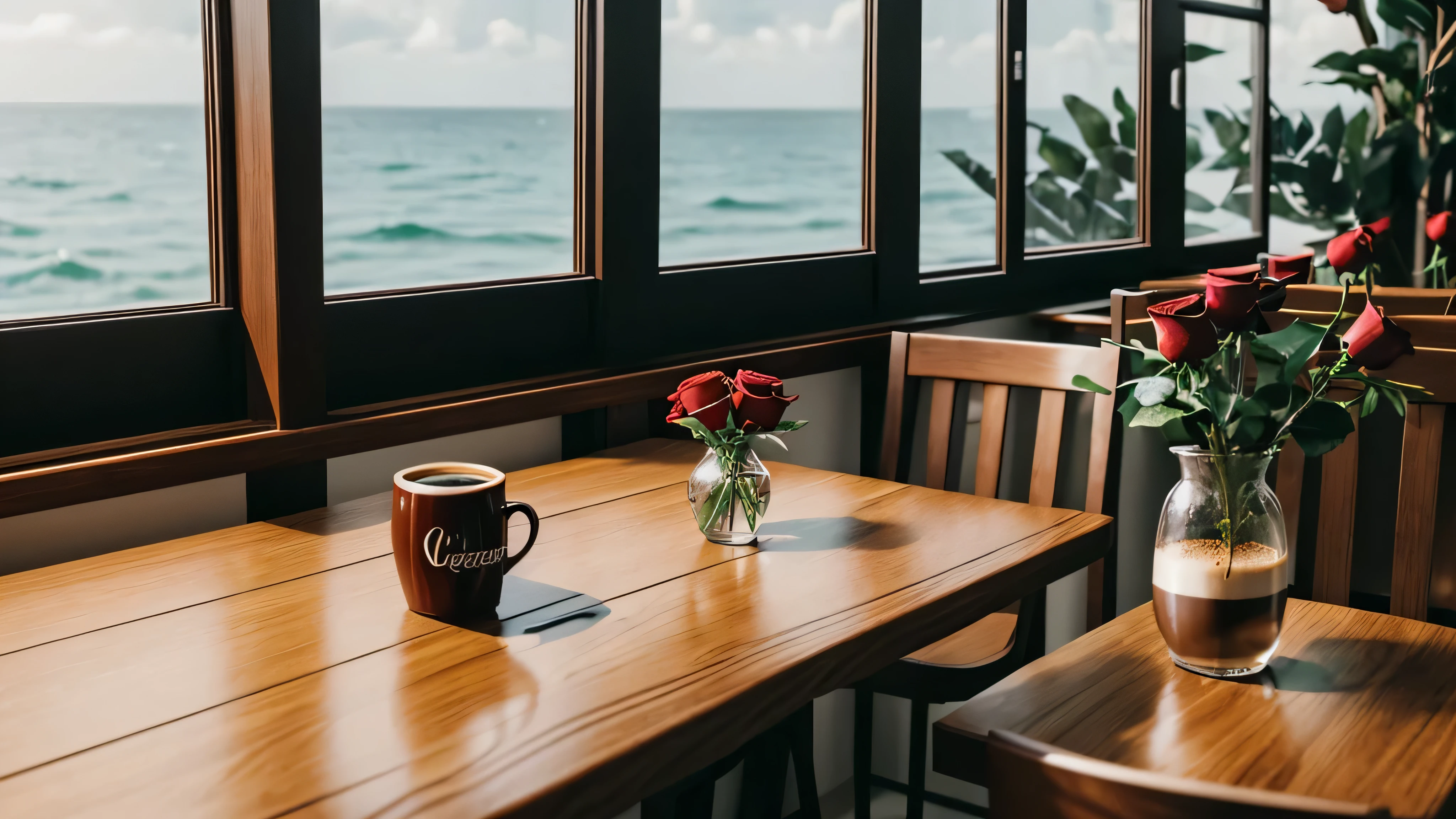 sentado sozinho no interior de um coffee shop pequeno e aconchegante, the cafeteria is simple with just 1 table, 2 coffee mugs on my desk and a vase of red roses, the cafe has a small window that only allows you to see the sea