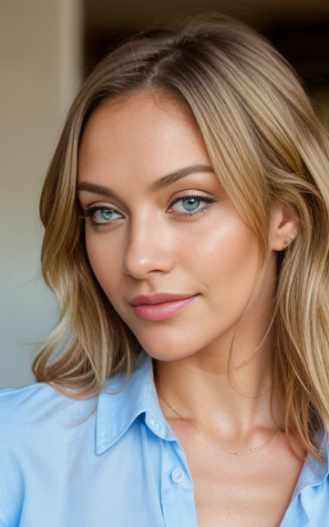 A 25 year old blonde woman wearing a stylish blue shirt with escote, ((gros seins)), ((hyperréalisme)), very detailed, visage innocent, vue de face, natural wavy hair, yeux bleus, high resolution, chef-d'artwork, best quality, intricate details, very detailed, Sharpness, detailed skin, Realistic skin texture, texture, detailed eyes, professionnel, 4k, Sourire sexy, shot with Canon, 85mm, faible profondeur de champ, couleur de vision kodak, perfectly fitted body, Extremely detailed, photoRealistic, Realistic, Post-traitement, maximum detail, roughness, vrai vie, Ultra Realistic, Photorealism, clivage