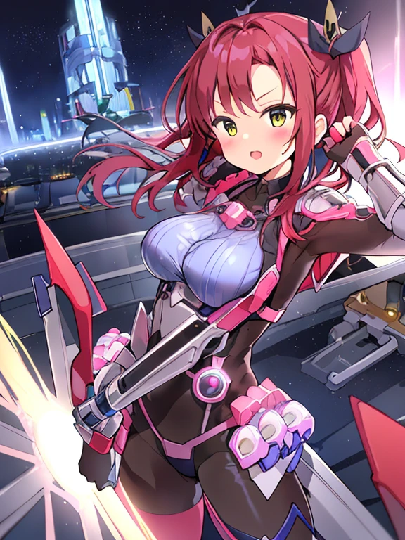 Extreme detail,masterpiece,futuristic city,girl with (energy shield):1.3,tight-fitting bodysuit,protecting herself from danger,using shield in battle,futuristic buildings,flying cars,shield growing brighter,repelling invader