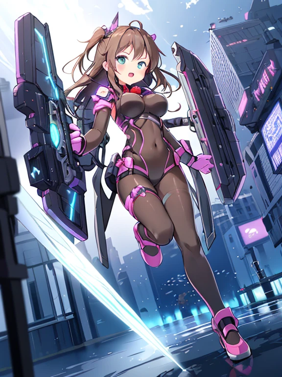 Extreme detail,masterpiece,futuristic city,girl with (energy shield):1.3,tight-fitting bodysuit,protecting herself from danger,using shield in battle,futuristic buildings,flying cars,shield growing brighter,repelling invader
