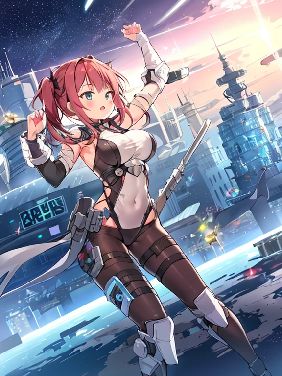 Extreme detail,masterpiece,futuristic city,girl with (energy shield):1.3,tight-fitting bodysuit,protecting herself from danger,using shield in battle,futuristic buildings,flying cars,shield growing brighter,repelling invader