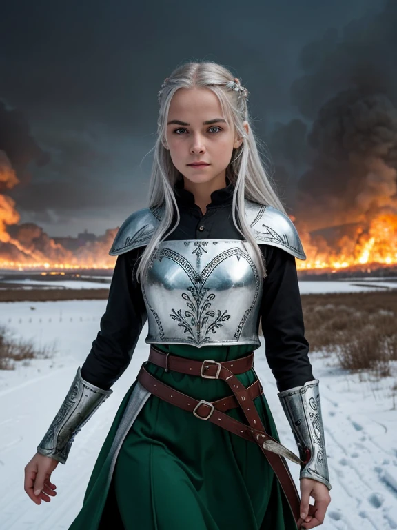 A young girl with silver hair, amber eyes and two scars on her face, a slender figure with beautiful curves, a small mouth with full lips, a high forehead, a thin nose, dressed in a green dress with silver patterns and a red belt, runs across a snowy field, pursued by a squad of medieval soldiers in black armor, a sword in her hand, a burning medieval city on the horizon, an expression of fear and determination on her face.