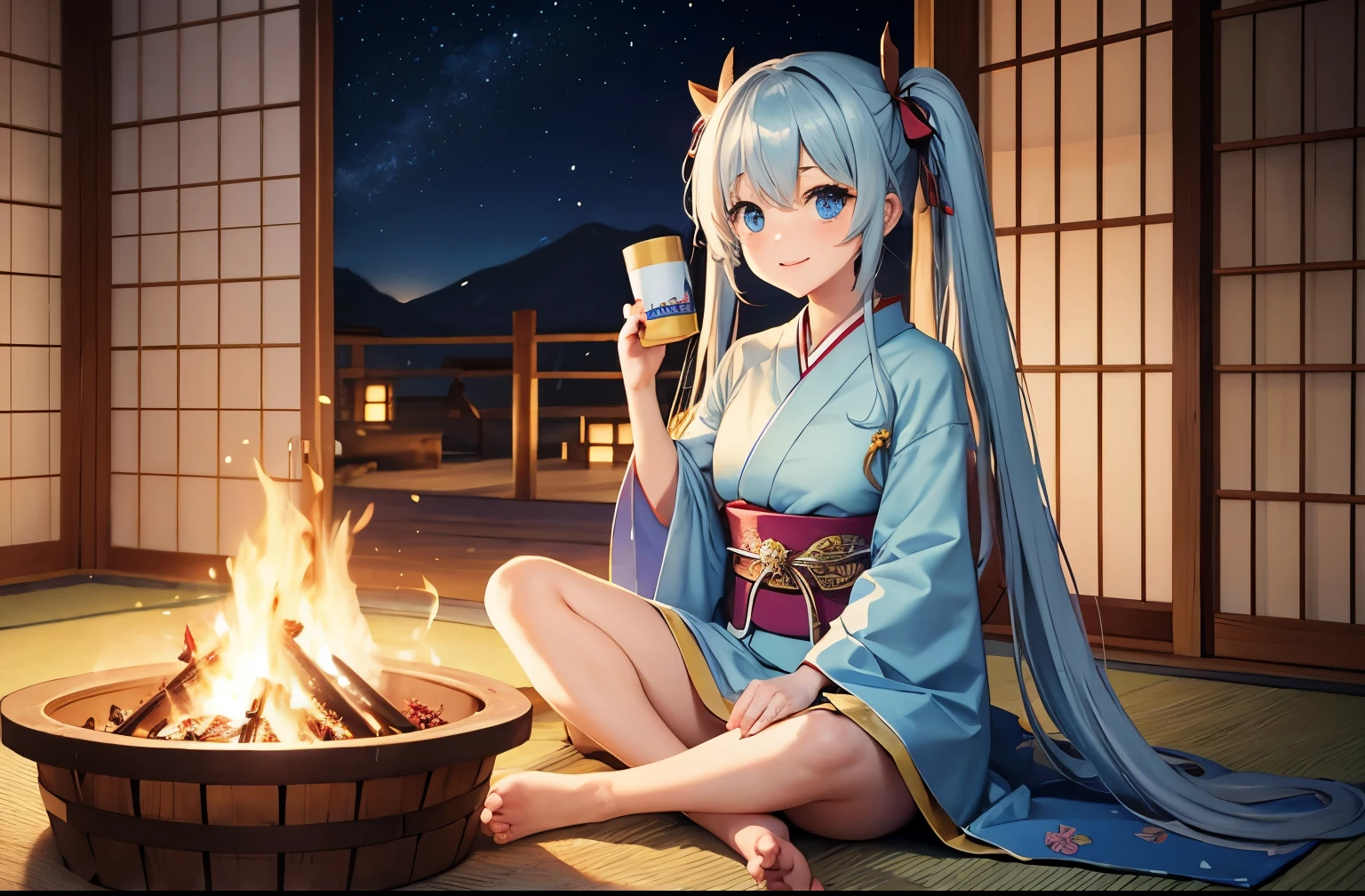 light blue long hair　Beautiful girl with twin tails　adorable smile　Cute costumes　A bonfire is lit in a very large enclosure on the floor.　Sitting on the floor drinking tea　Japanese winter landscape