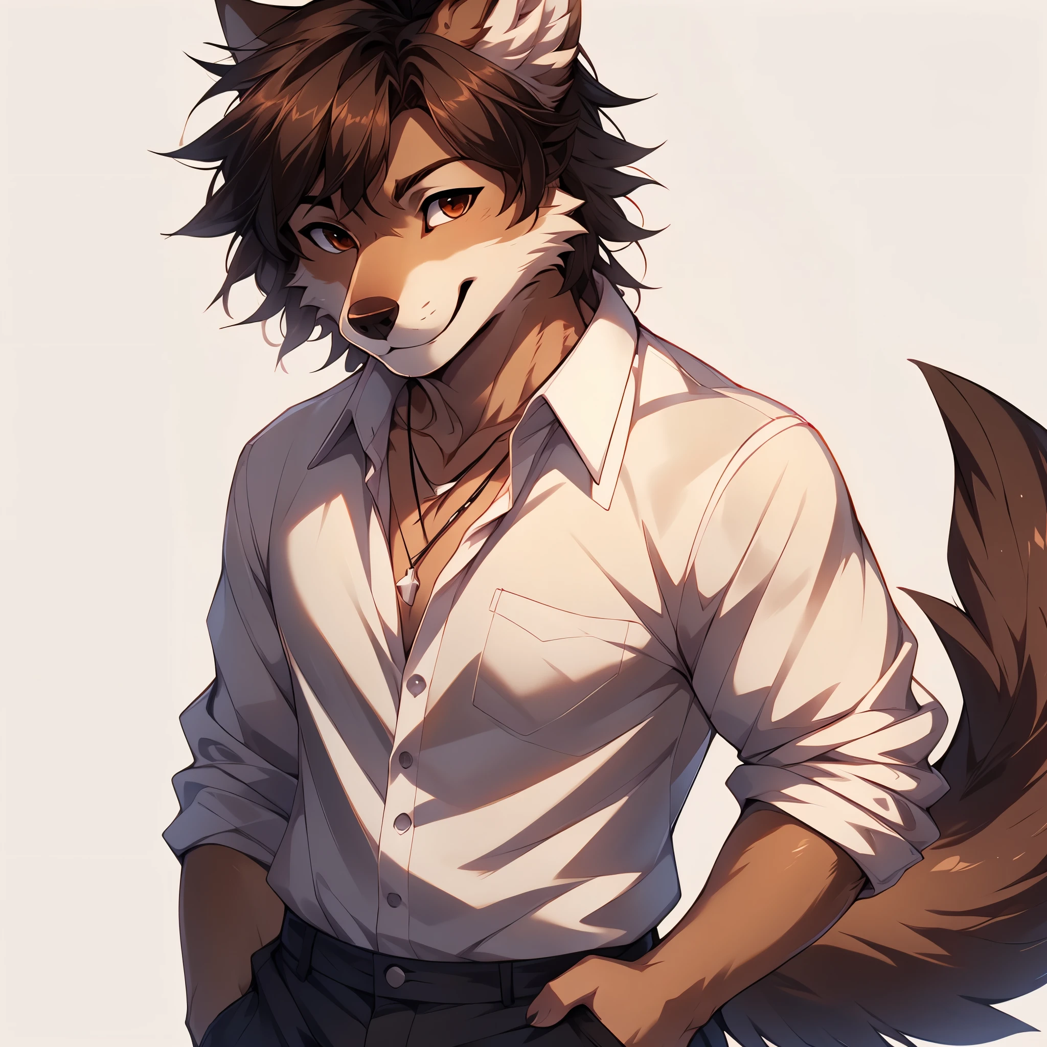 Solo, By fumiko, by hyattlen, by hioshiru, Jaiden, brown male wolf, brown wolf ears, brown wolf tail, hands on his hips, necklace, wearing white button up tshirt, upper body shot, black pants, smiling, white background, no background standing, neutral position, close up, portrait