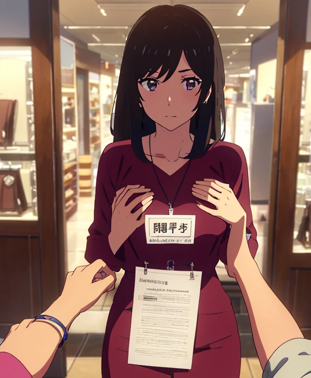 shinkai makoto, kimi no na wa.,, name tag written "LUMINE Miyamizu", looking at the viewer, indoors, jewelry products, jewelry shop, jewelry saleswoman, indoors, mall, masterpiece, perfect anatomy, cowboyshot, POV (POV boy's hands holding girl's chest POV)